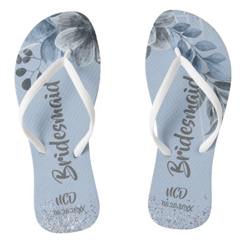 Dusty Blue Silver Geometric Flora Bridesmaid Favor Flip Flops