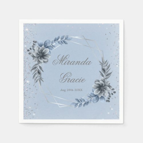 Dusty Blue Silver Geometric Floral Bridal Shower  Napkins