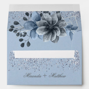 Dusty Blue Silver Geometric Floral Wedding Envelope
