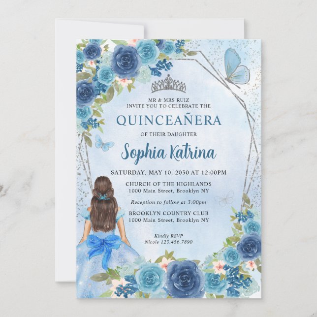 Dusty Blue Silver Glam Floral Princess Quinceañera Invitation (Front)