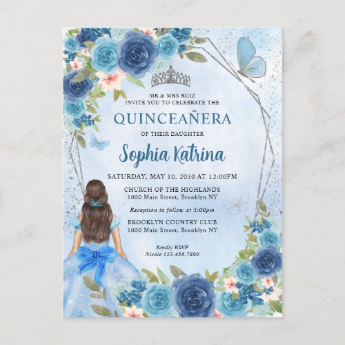 Dusty Blue Silver Glam Floral Princess Quinceaera Invitation Postcard
