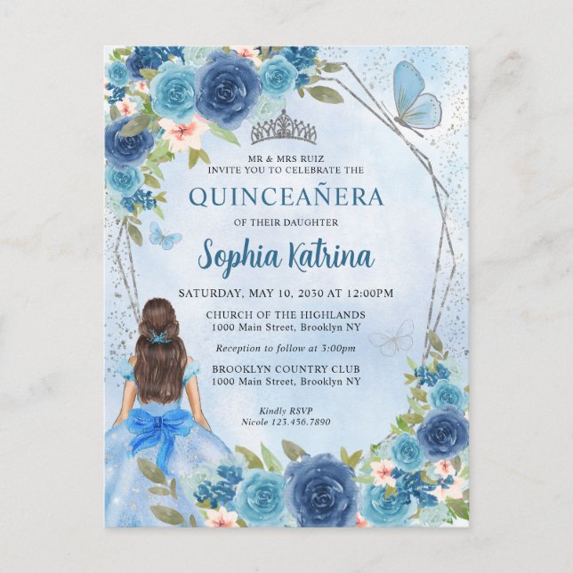 Dusty Blue Silver Glam Floral Princess Quinceañera Invitation Postcard (Front)