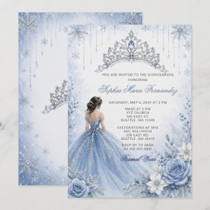 Dusty Blue Silver Glitter Dress Winter Quinceañera Invitation