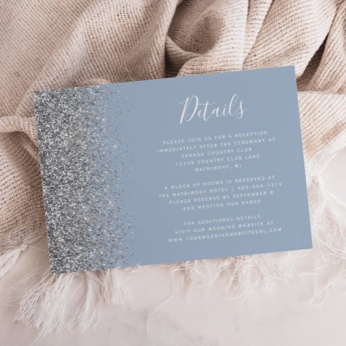 Dusty Blue Silver Glitter Edge Wedding Details Enclosure Card