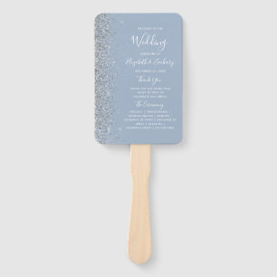 Dusty Blue Silver Glitter Edge Wedding Program Hand Fan