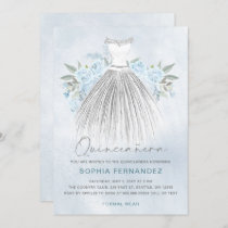 Dusty Blue Silver glitter Floral Dress Quinceañera Invitation