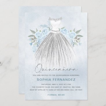 Dusty Blue Silver glitter Floral Dress Quinceañera Invitation