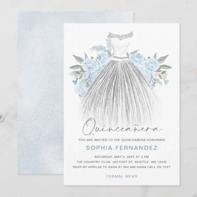 Dusty Blue Silver glitter Floral Dress Quinceañera Invitation (Front/Back)