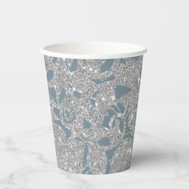 Dusty Blue Silver Glitter Floral  Paper Cups (Front)