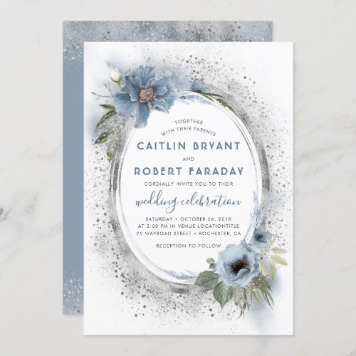 Dusty Blue  Silver Glitter Floral Rustic Wedding Invitation