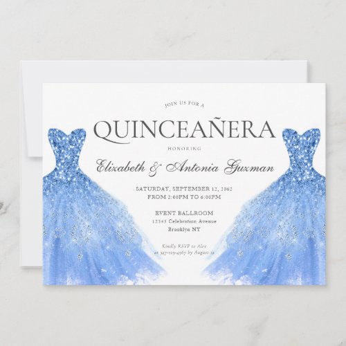 Dusty Blue Silver Glitter Gown Twin Quinceanera Invitation