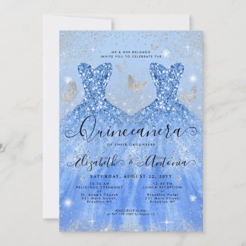 Dusty Blue Silver Glitter Gown Twin Quinceanera Invitation