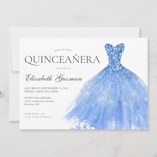 Dusty Blue Silver Glitter Gown Twin Quinceanera Invitation (Front)