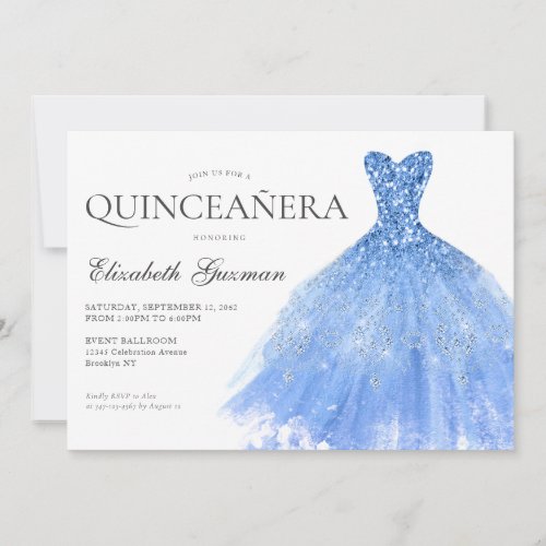 Dusty Blue Silver Glitter Gown Twin Quinceanera Invitation