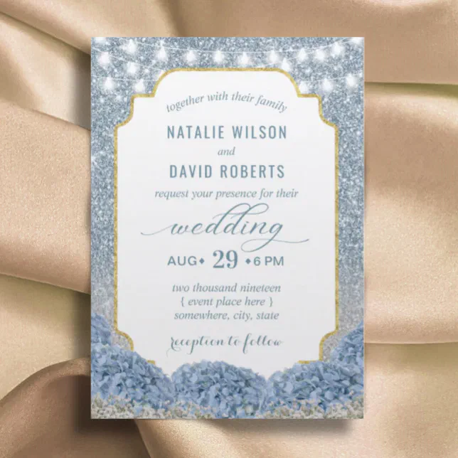 Dusty Blue & Silver Glitter Modern Floral Wedding Invitation | Zazzle