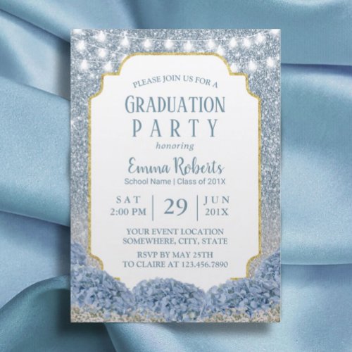 Dusty Blue  Silver Glitter Ombre Graduation Party Invitation