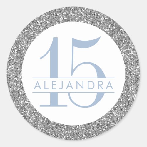 Dusty Blue Silver Glitter Quince Aos Birthday Classic Round Sticker