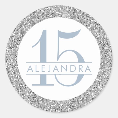 Dusty Blue Silver Glitter Quince Aos Name Classic Round Sticker