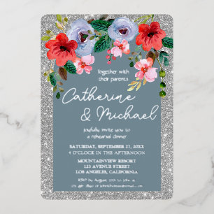 Dusty Blue Silver Glitter Watercolor Floral Arch Foil Invitation