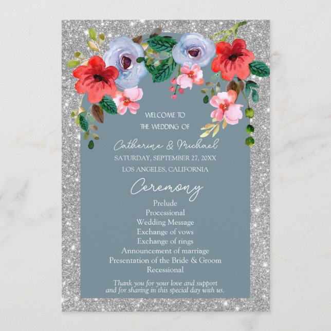 Dusty Blue Silver Glitter Watercolor Floral Arch  Program (Front)
