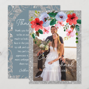 Dusty Blue Silver Glitter Watercolor Floral Arch Thank You Card