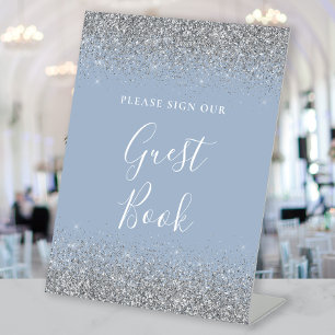 Dusty Blue Silver Glitter Wedding Guest Book Pedestal Sign