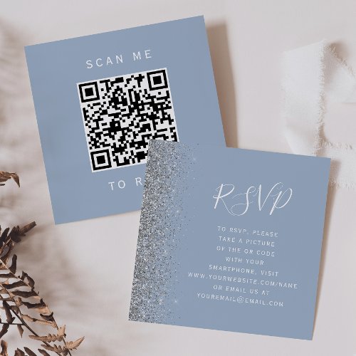 Dusty Blue Silver Glitter Wedding QR Code RSVP Enclosure Card