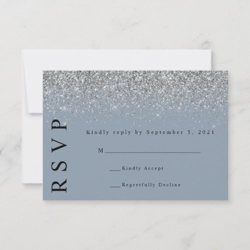 Dusty Blue  Silver Glitter Wedding RSVP Card