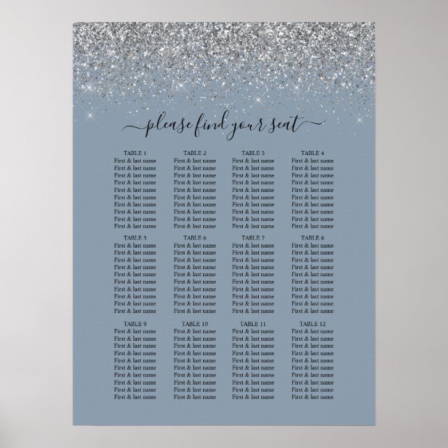 Dusty Blue & Silver Glitter Wedding Seating Chart (Front)