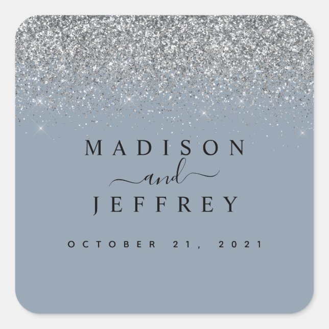 Dusty Blue & Silver Glitter Wedding Square Sticker (Front)