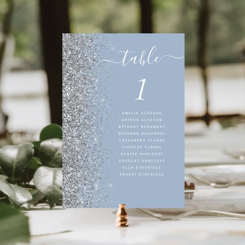 Dusty Blue Silver Glitter Wedding Table Number