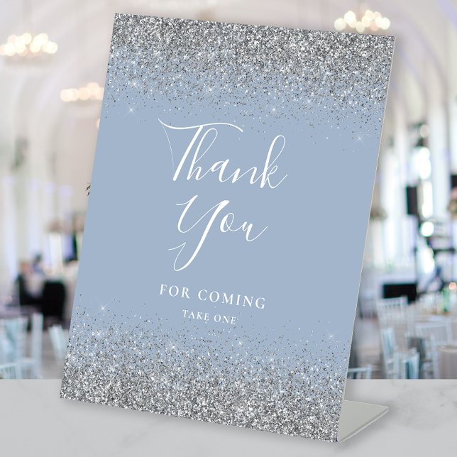 Dusty Blue Silver Glitter Wedding Thank You Pedestal Sign (Creator Uploaded)