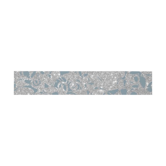 Dusty Blue Silver GlitterFloral  Invitation Belly Band (Flat)