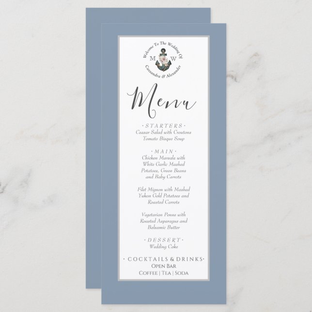 Dusty Blue silver gray, nautical theme wedding  Menu (Front/Back)