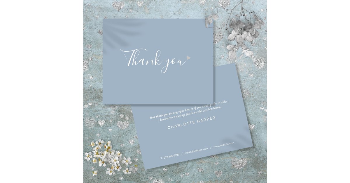 Dusty Blue Silver Heart Chic Script Business Thank You Card | Zazzle
