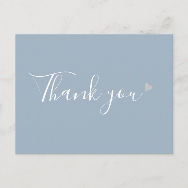 Dusty Blue Silver Heart Script Business Thank You Postcard (Front)