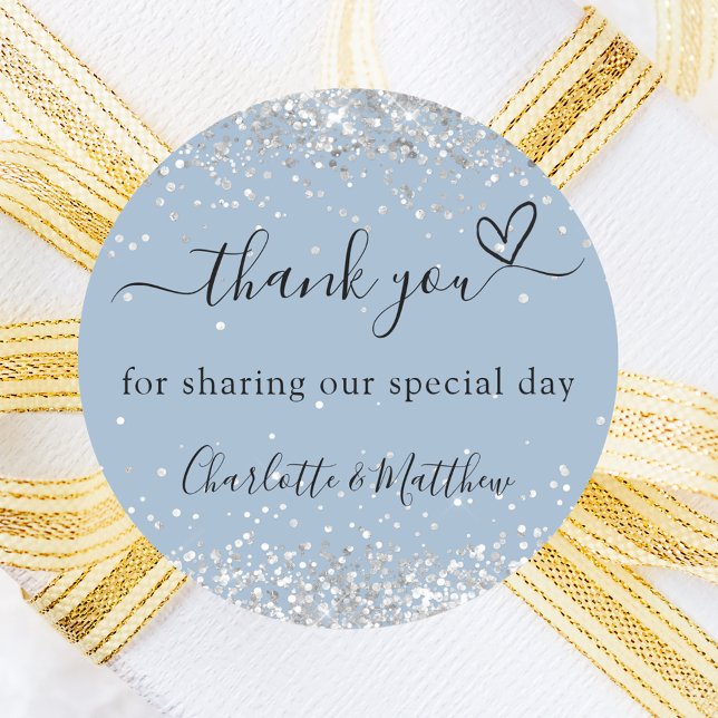Dusty blue silver heart thank you wedding classic round sticker (Creator Uploaded)