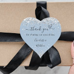 Dusty blue silver heart thank you wedding heart sticker<br><div class="desc">A dusty blue background,  decorated with faux silver glitter.  With the text: Thank you for sharing our special day,  with a small heart.   Personalize and add your names.</div>