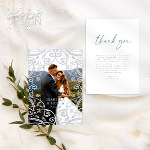 Dusty Blue Silver Lace Wedding Thank You Card
