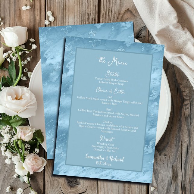 Dusty Blue Silver Marble Glitter 5x7" Wedding Menu (Creator Uploaded)