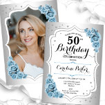 Dusty Blue Silver Photo Elegant 50th Birthday Invitation<br><div class="desc">Elegant floral feminine 50th birthday invitation with your photo at the back of the card. Glam design with faux silver. Features dusty blue roses, script font and confetti. Perfect for a stylish adult bday celebration party. Personalise with your own details. Can be customised for any age! Printed Zazzle invitations or...</div>
