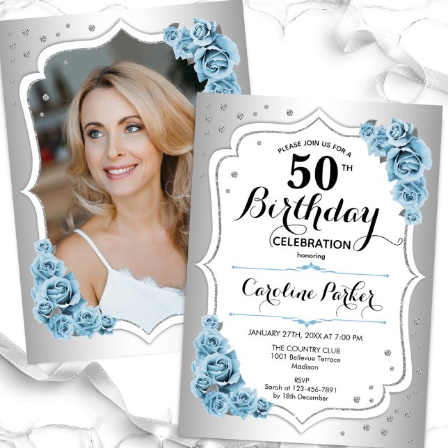Dusty Blue Silver Photo Elegant 50th Birthday Invitation (Creator Uploaded)
