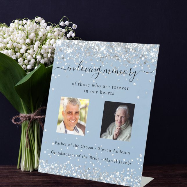 Dusty blue silver photo wedding memorial pedestal sign (Creator Uploaded)