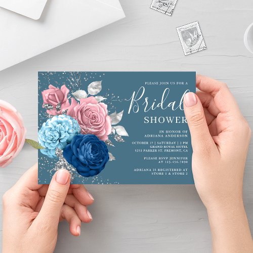 Dusty Blue Silver Pink Floral Bridal Shower Invitation