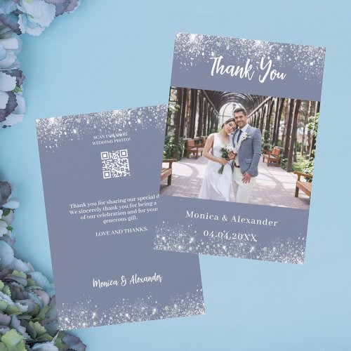 Dusty blue silver QR wedding photo thank you card