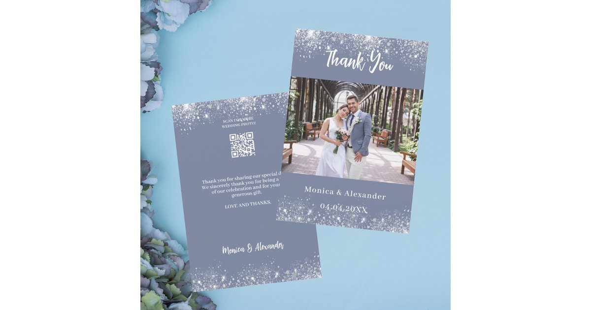 Dusty blue silver QR wedding photo thank you card | Zazzle