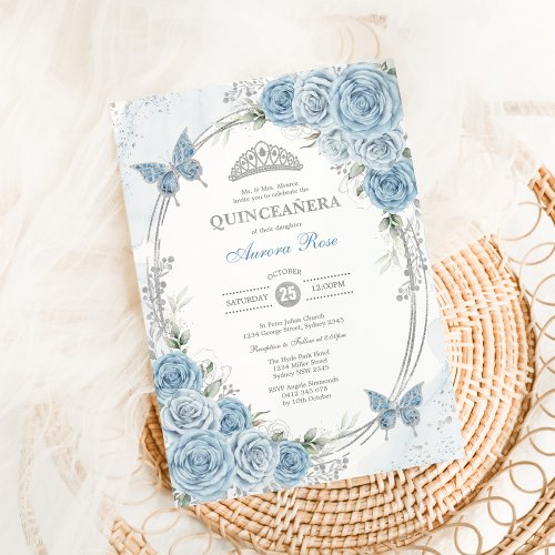Dusty Blue Silver Quinceanera 15th Birthday Party Invitation