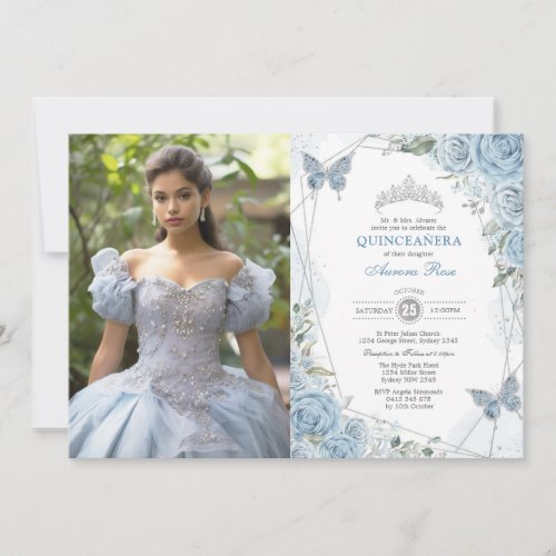 Dusty Blue Silver Quinceaera Butterfly Photo Invitation