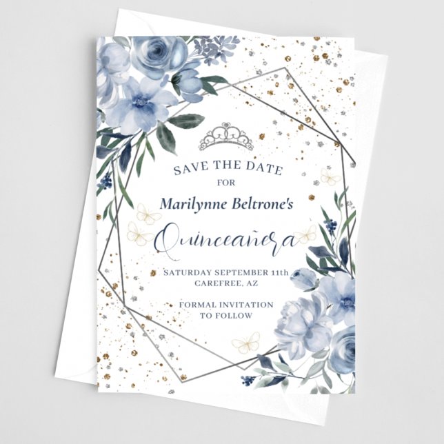 Dusty Blue Silver Quinceañera Save The Date (Creator Uploaded)