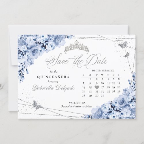 Dusty Blue  Silver Quinceaera Save The Date Invitation